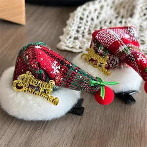Paar rote Karo-Weihnachtshaarspangen Mini-Hut mit goldener Merry Christmas Aufschrift
