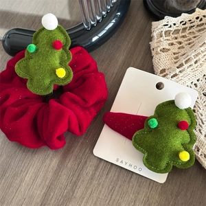 Festive red velvet hair scrunchie and clip set with green Christmas tree decorations