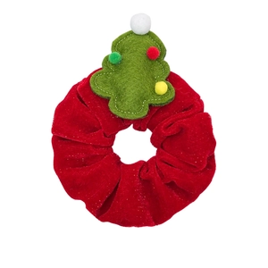 Red velvet Christmas tree hair scrunchie with colorful pom poms and soft festive texture