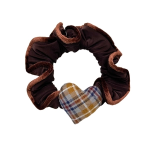 Chouchou élégant à carreaux marron avec bordure en velours pour coiffure en queue de cheval