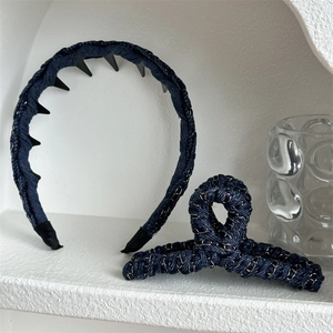 Ensemble de Pince à Cheveux et Serre-tête Tissé Style Denim Vintage Bleu Foncé en Tissu Polyester avec Chaîne en Métal