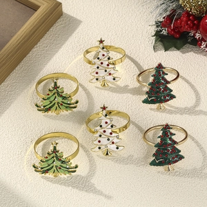 Set of 6 Christmas tree napkin rings in gold finish with colorful enamel and rhinestones