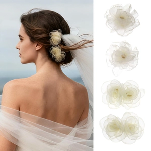 Barrettes à Fleurs en Maille Douce pour Femmes Vacances à la Plage Fait à la Main Tulle Floral Bec de Canard Perle Artificielle