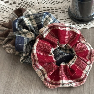 Three premium checkered scrunchies in red navy and brown with subtle gold silk thread