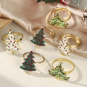 Set of 6 gold Christmas tree napkin rings with colorful enamel and red rhinestones