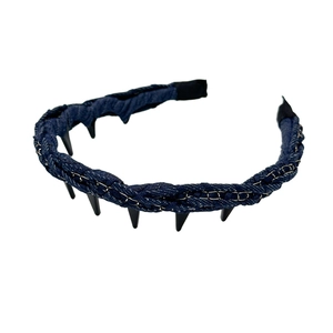 Serre-tête tressé en denim bleu foncé avec coutures dorées et dents antidérapantes