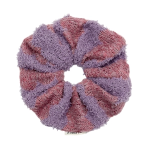 Pink and purple striped knit scrunchie hair tie with soft texture and high elasticity