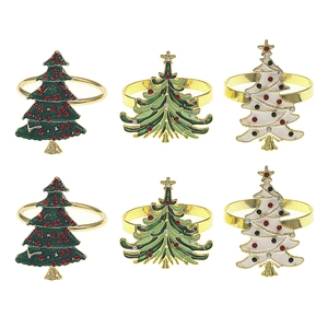 Set of 6 Christmas tree alloy napkin rings with stars and festive patterns for table decor