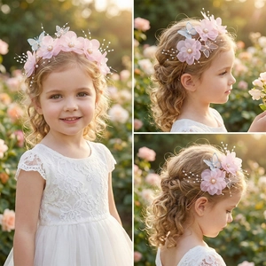 Close-up of pink silk flowers, blue butterflies and pearls on a handmade bridal headband