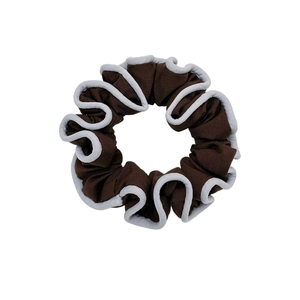 Elegant deep brown scrunchie with light purple piping edge for sleek ponytails