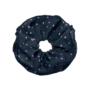 Polka dot satin scrunchie in black with purple patterns for French style hair styling