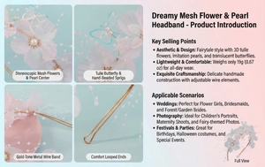 Detail of pink mesh flower and blue butterfly accents on a gold-tone pearl headband