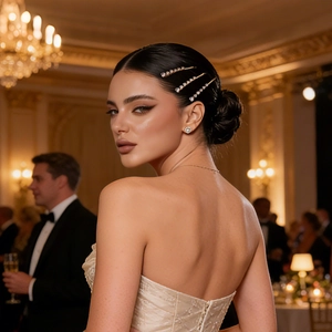 Close-up of three elegant gold hairpins with zircon stones worn in a formal updo hairstyle