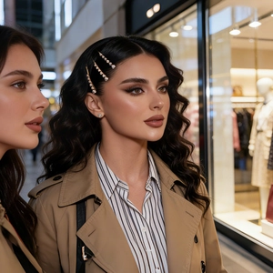 Close-up of sparkling zircon gold hair pins worn by model in an elegant urban fashion setting