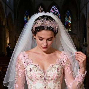Detail of pink floral bridal headpiece with pearls and white mesh veil in church setting