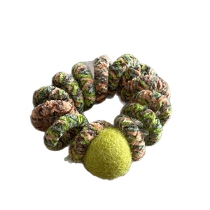 Elastic spiral telephone wire hair tie with green plush ball and camouflage knit texture