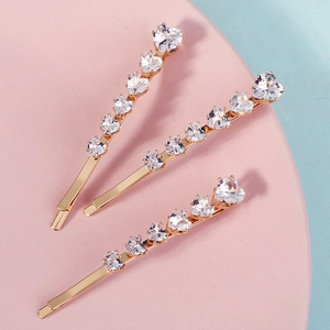 Three-piece heart zircon hair clip set with gold metal base for women's hair styling