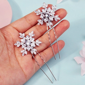 Sparkling snowflake U-shaped hair pins with cubic zirconia for bridal hairstyling