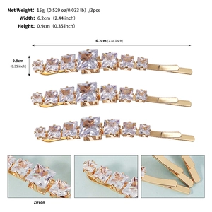 Detailed view of 6.2cm gold zircon hair clips with dimensions and material close-ups