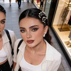Detail showing handmade pearl hairpins and matching earrings on a model outdoors