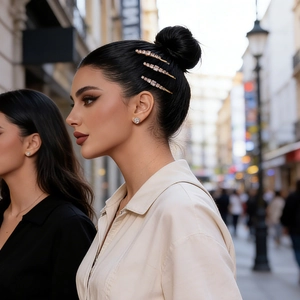 Three elegant crystal hairpins with sparkling diamonds on a woman's side hairstyle