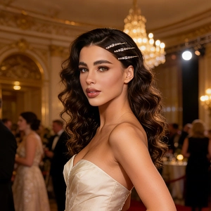 Detailed view of three gold hair clips with sparkling rhinestones worn on a model hair