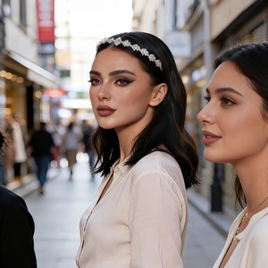 Gros plan d'un serre-tête fleurs en zircon argenté sur un mannequin lors d'un shooting