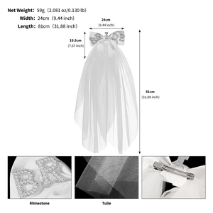 Macro view of white bridal veil tulle, rhinestone BRIDE lettering, and bow structure