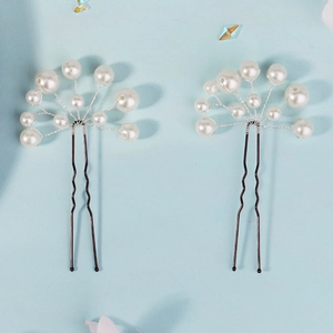 Handmade U-shaped hair pins with white pearls and silver wire weaving for bridal hairstyles