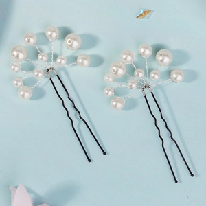 Handmade pearl U-shaped hair pins with white beads and silver wire for elegant updos