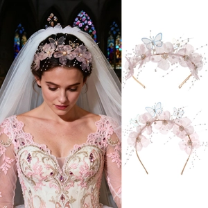 Handmade Mesh Flower Butterfly Headband With Imitation Artificial Pearls Alloy Wire Hair Accessory For Bride Women Wedding Birthday Party