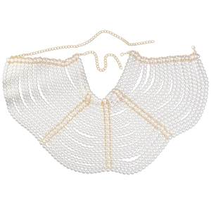 Elegant multi-layer pearl body chain with golden metal links and adjustable lobster clasp