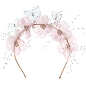 Handmade pink fabric flower and blue mesh butterfly headband with pearls for women