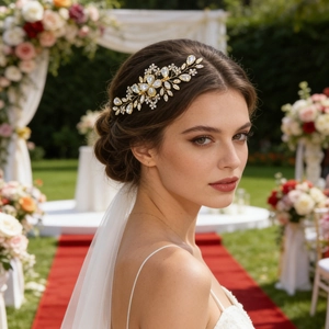 Detail of bride wearing a gold floral hair comb with rhinestones in a garden wedding setting