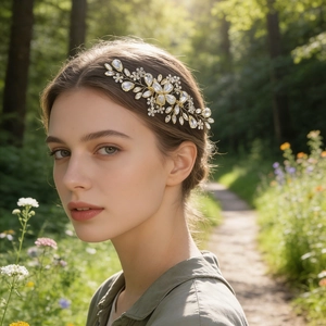 Macro detail of hand-woven gold bridal hair comb with crystals and white floral accents