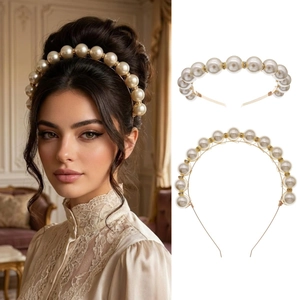 Vintage Large Artificial Pearl Headband Gold Metal Handmade Beaded Rhinestone Hair Band For Wedding Party Women Elegant Hair Accessory
