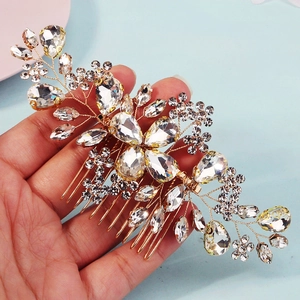 Handmade bridal hair comb with gold wires, sparkling crystal flowers and rhinestones
