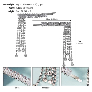 Detail showing dimensions of silver rhinestone tassel hair clips with zircon stones