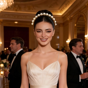Close-up of oversized white pearls on a gold frame headband worn in an elegant banquet setting