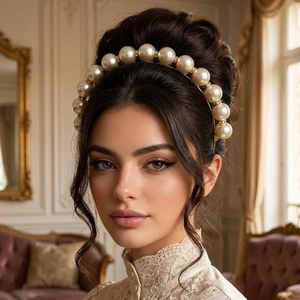 Detail shot of large faux pearls and crystals hand-beaded on a golden retro headband