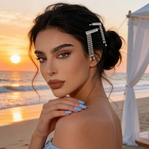 Close-up of sparkling rhinestone tassel hair clip worn in hair during a sunset beach photoshoot