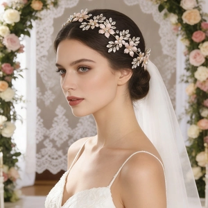 Elegant bridal headpiece with pink floral petals and rhinestones for wedding hairstyles