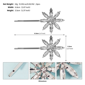 Detailed views of silver rhinestone flower hair clips showing 6.8cm size and 10g weight