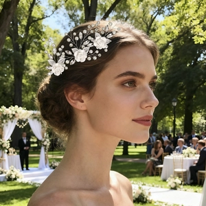 Close-up of a bride wearing a floral hair pin with pearls and crystals in a garden wedding
