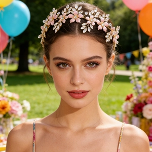 Detailed close-up of handmade bridal flower hair comb with gold leaves and pink petals