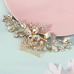 Exquisite bridal rhinestone flower hair comb with gold wire weaving and sparkling crystals