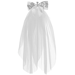 White double-layered bridal veil with large bow and BRIDE rhinestone lettering