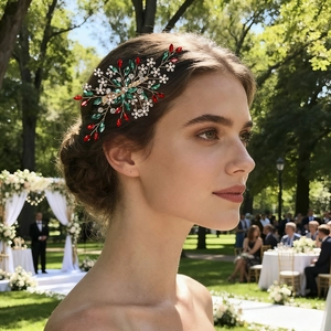 Detail view of a handcrafted bridal hair clip with red crystals and pearls on a blonde model
