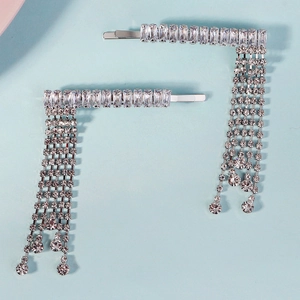 Elegant silver tassel hair clips with sparkling crystal rhinestones set in a pair