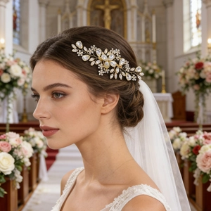 Elegant Bridal Hair Comb Handmade Gold Alloy Wire Winding Rhinestone Flower Branch Hairpin Wedding Party Headwear For Women Jewelry